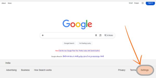 Google home page, scroll down and click the Settings button