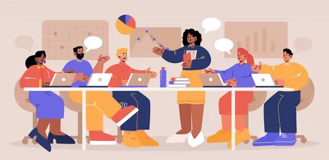 Business professionals who use resource forecasting standing around a  latest analytics